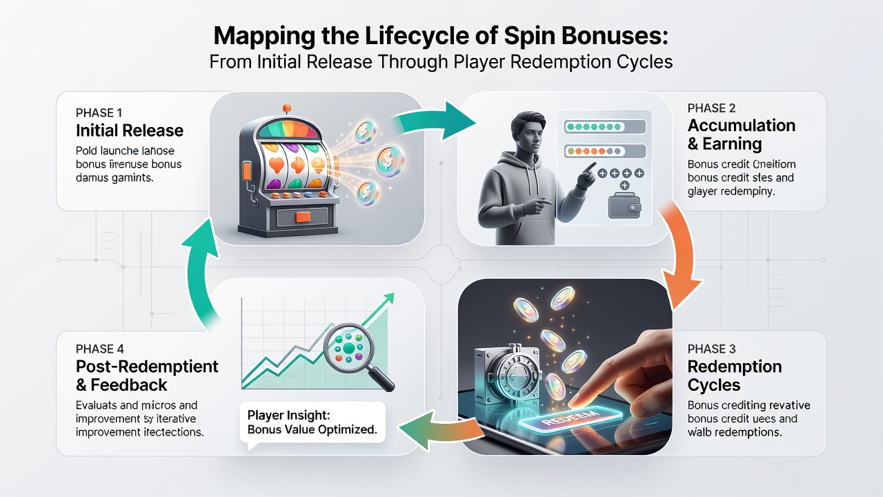 Flowchart illustrating player redemption steps and tracking metrics for spin bonuses